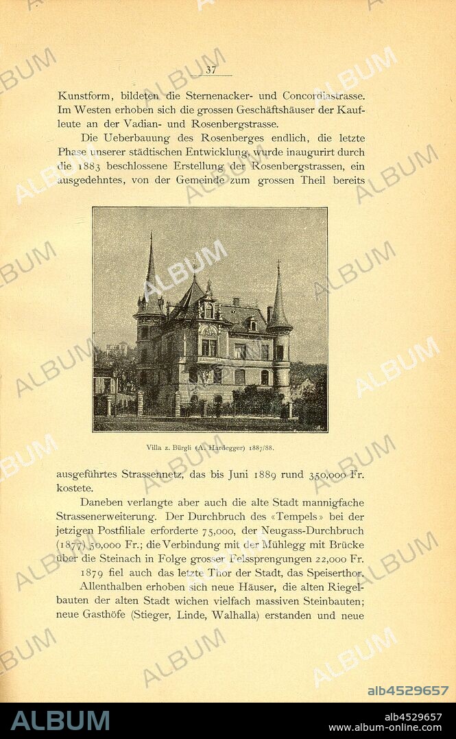 Villa z. Bürgli (A. Hardegger) 1887/88, Villa Zum Bürgli by the architect August Hardegger in St. Gallen (Switzerland), date estimated: hard, Fig. 31, p. 37, 1889, Section St. Gallen des Schweizerischen Ingenieur- und Architekten-Vereins (Hg.): Altes und Neues aus der Stadt St. Gallen. Anlässlich der Hauptversammlung des Schweizerischen Ingenieur- und Architekten-Vereins am 21. bis 23. September 1889. St.Gallen: Druck der Zollikofer'schen Buchdruckerei, 1889.