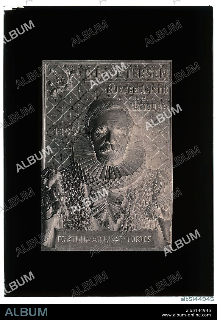 Wilhelm Weimar, boxwood relief C.F. Petersen Bürgermeister zu Hamburg (1809-1892) by Carl Kühl, glass negative, black and white negative process, Total: Height: 17.8 cm; Width: 12.8 cm, work of applied art (wood, z. B. panelling), portrait, mayor, coat of arms (state symbol).