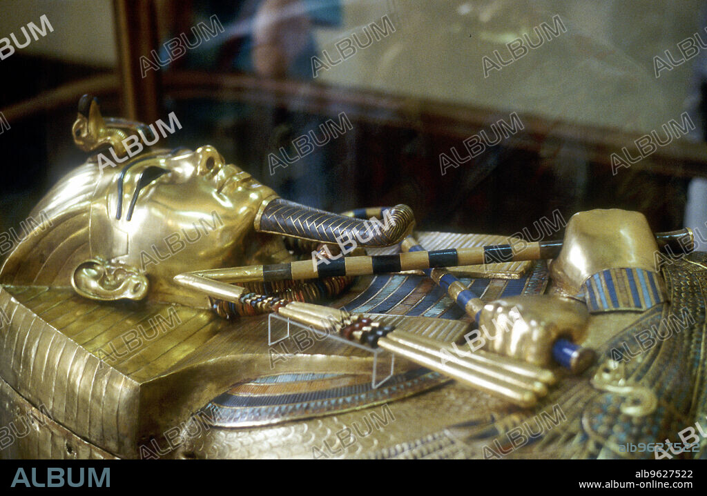 Gold sarcophagus of King Tutankamun, 18th dynasty, Ancient Egypt, c1323 BC. Tutankhamun came to the throne as a young boy in 1333 BC. Although he only ruled for 10 years Tutankhamun is one of the best known Ancient Egyptian Pharaohs due to the fabulous treasures discovered when British archaeologist Howard Carter opened his tomb in 1922.