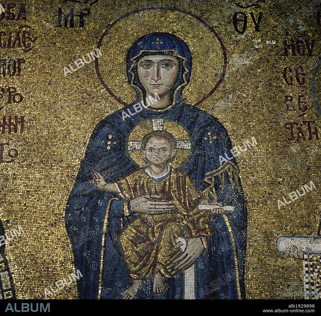 Turkey. Istambul. Hagia Sofia. Byzantine mosaic. Virgin Mother holding the Christ Child. Ca, 1118. 12th century. Detail of the mosaic with emperor John II Comnemus, Virgin Mary with the Child Jesus and the empress Irene. Southern gallery.