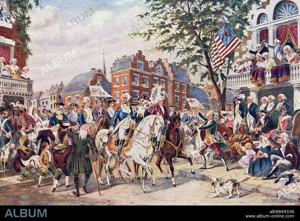 George Washinton enters New York, America in 1759. General George Washington, 1732 - 1799. American politician and soldier who served as the first President of the United States. From Hutchinson's History of the Nations, published 1915.