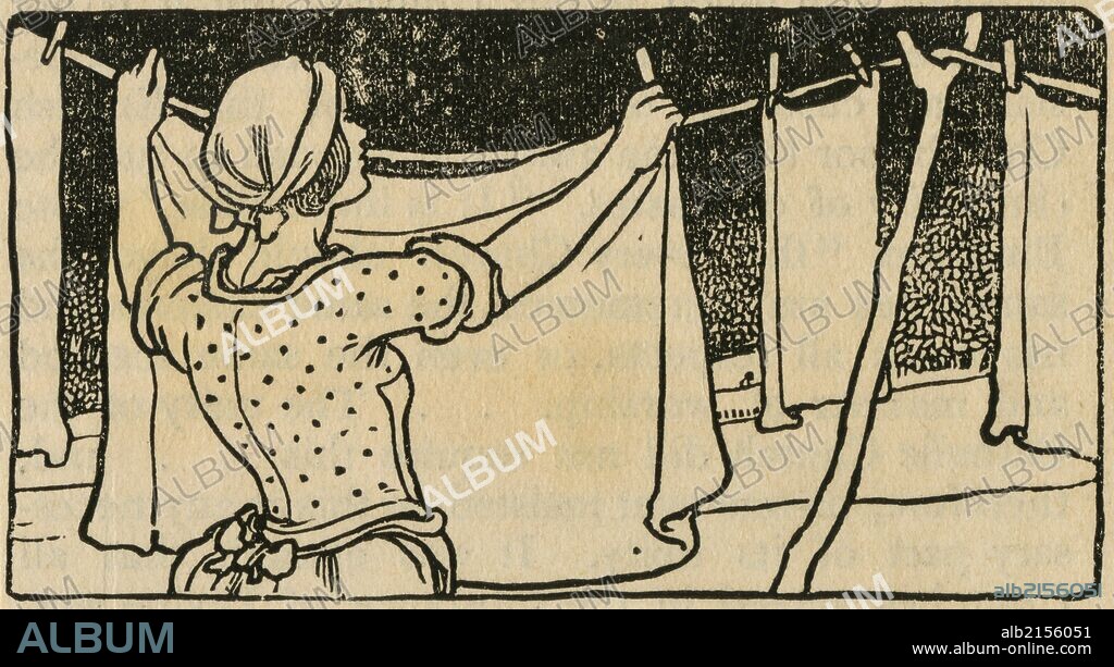 Woman pegging out the washing. Engraving, 1900. (Photo by: Universal History Archive/UIG via Getty Images).