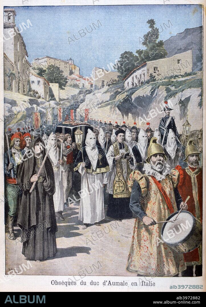 Funeral of the Duke of Aumale in Italy, 1897. Henri d'Orleans, Duc d'Aumale (1822-1897) was the fifth son of Louis-Philippe, the last King of France. He led the Orleanist cause that supported a constitutional monarchy in France. An illustration from Le Petit Journal, 23rd May 1897.