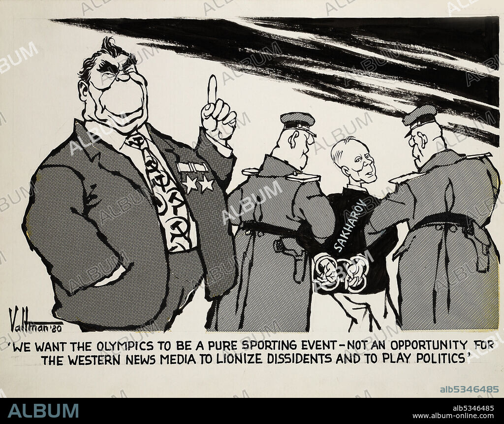EDMUND S. VALTMAN. We want the Olympics to be a pure sporting event - not an opportunity for the Western news media to lionize dissidents and to p;Offset printing;Caricature;;The United States;Private Collection;Soviet Union, USSR, Socialism, Olympic Games, Leonid Brezhnev, Brezhnev, Cold War, Yelena Bonner, Bonner, Andrei Sakharov, Sakharov, 1980 Summer Olympics, Moscow Olympic Games, Games of the XXII Olympiad, Human rights movement in the Soviet Union, Soviet dissidents, Iron Curtain, ;;History;Graphic arts; VG-Bild-Kunst Bonn;.