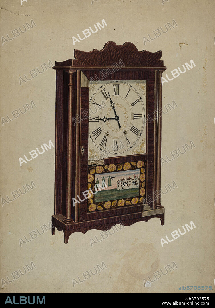 EDWARD BASHAW. Shelf Clock. Dated: c. 1939. Dimensions: overall: 44.9 x 32.8 cm (17 11/16 x 12 15/16 in.)  Original IAD Object: none given. Medium: watercolor, colored pencil, pen and ink and graphite on paperboard.