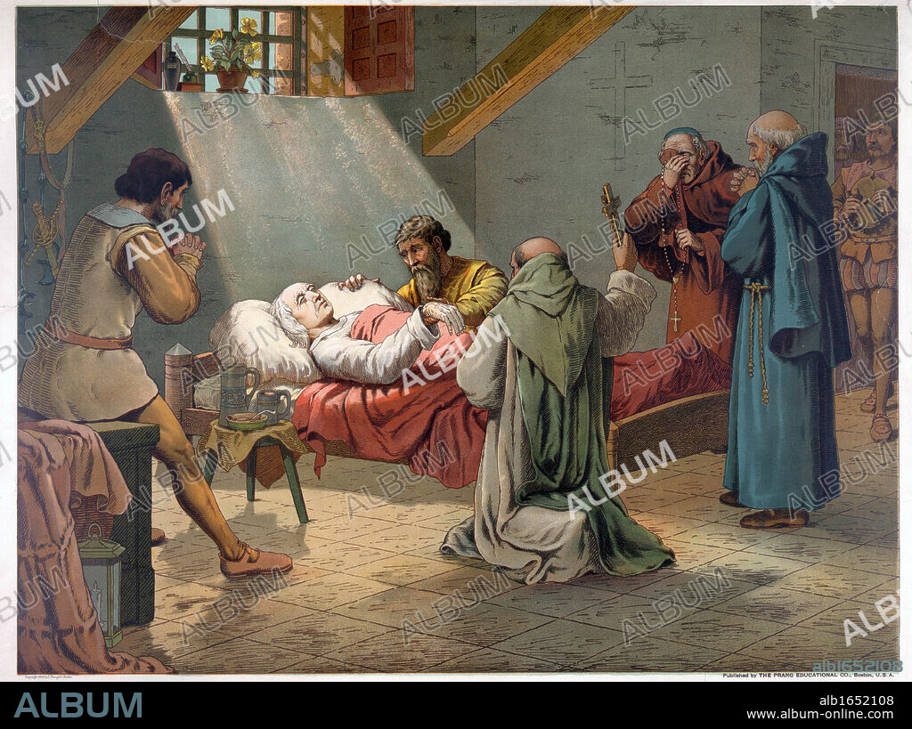Christopher Columbus (c1451-1506) Genoese navigator and explorer on his deathbed at Valladolid. Religion Christian Priest America. Chromolithograph 1893.