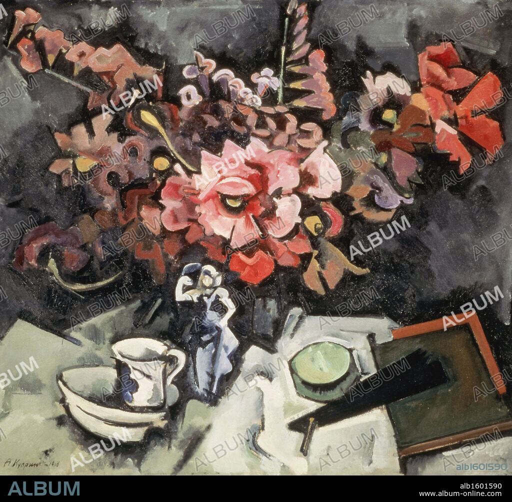 ALEKSANDR VASIL'EVIC KUPRIN. Still Life with Artificial Flowers by Alexander Vasil'evic Kuprin, oil on canvas, 1918, b. 1903, Russia, Moscow, Tretyakov Gallery.