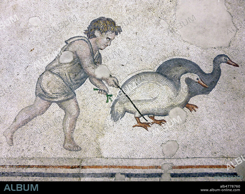 Jeune garçon menant des oies - Constantinople, sous l'empereur Justinien (527-565). Pavement de mosaique de la fin du 5e siecle ou Mosaique du 6eme siecle qui ornait le peristyle d'une cour du grand palais byzantin construit par Justinien 1er. Istanbul , Sultanhamet. Musée de la mosaique. Credit photo Ma-tension/KHARBINE TAPABOR.