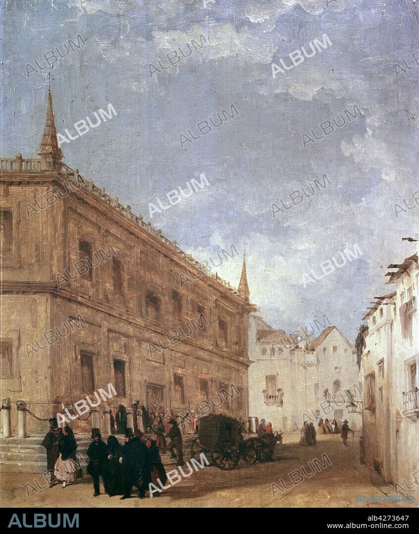 JOAQUIN DOMINGUEZ BECQUER (1817-1879). DOMINGUEZ BECQUER , JOAQUIN PINTOR ESPAÑOL . SEVILLA 1817 - 1869 " UN DIA DE CARNAVAL A LOS PIES DE LA LONJA DE SEVILLA " , OLEO SOBRE LIENZO MUSEO ROMANTICO . MADRID SEVILLA PINTADO.