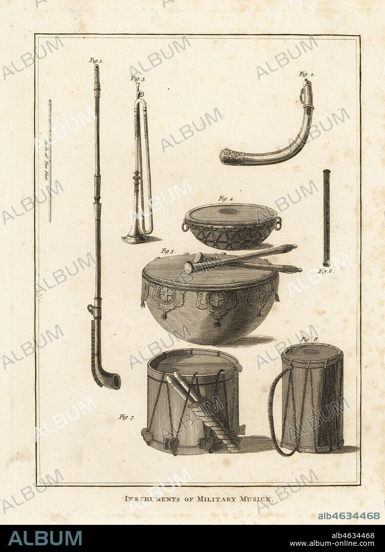 Military musical instruments: trumpet, horn, fife, kettle drum, side drum. Instruments of military musick. Copperplate engraving from Francis Grose's Military Antiquities respecting a History of the English Army, Stockdale, London, 1812.
