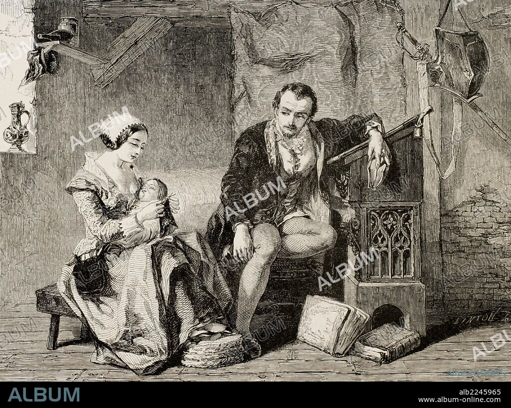 ALFRED ELMORE (basado en). WILLIAM LEE (1563-1614). Clérigo inglés e inventor de la primera máquina de tejer, 1589. Grabado de Linton. "l'Univers Illustré", año 1852.