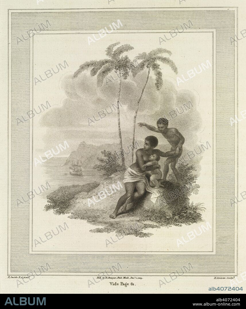 'The mother strains her infant to her breast'. From the poem: Africa delivered; or the slave trade abolished. A poem'. By James Grahame. Poems on the Abolition of the Slave Trade; written Poems on the Abolition of the Slave Trade; written by James Montgomery, James Grahame, and E. Benger. Embellished with engravings from pictures painted by R. Smirke. R. Bowyer: London, 1809. Source: 83.k.10, opposite 61. Language: English.