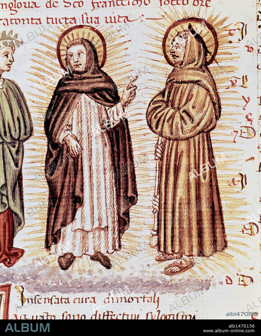 SAN FRANCISCO DE ASIS (Giovanni Bernardone) (1181-1226). Fundador de los franciscanos. A su derecha, SANTO DOMINGO. Miniatura de un códice del s. XVI. Biblioteca Lorenzana. Florencia. Italia.