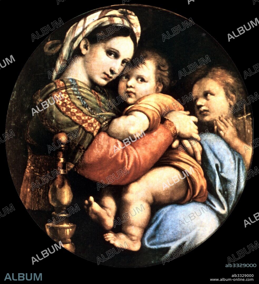 Madonna della seggiola or Madonna della sedia, by Raffaello Sanzio da Urbino (1483-1520). Oil painting on panel, finished in 1513-1514. Raphael was an Italian painter and architect of the High Renaissance. The Madonna della seggiola, in the Palazzo Pitti, in Florence, depicts Mary embracing the child Christ, while the young John the Baptist devoutly watches.