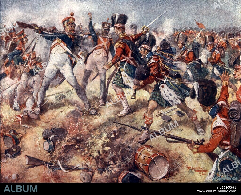 Guerra de la independencia. Batalla de Arapiles (Galicia) entre las tropas inglesas del general Wellington y los franceses a las órdenes de Marmont en 1812. Grabado de 1920.