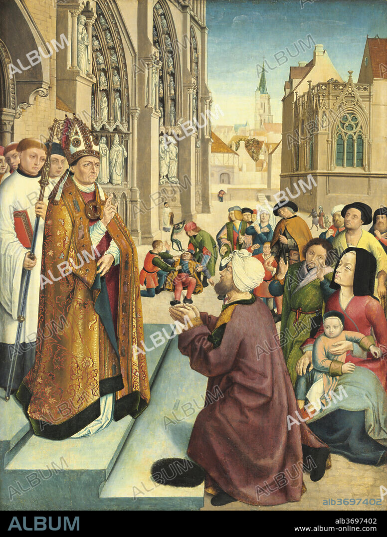 MASTER OF SAINT GILES AND ASSISTANT. Episodes from the Life of a Bishop Saint. Dated: c. 1500. Dimensions: painted surface: 61.5 x 47 cm (24 3/16 x 18 1/2 in.)  overall (panel): 63.2 x 47.5 cm (24 7/8 x 18 11/16 in.)  framed: 76.2 x 62.5 x 5.7 cm (30 x 24 5/8 x 2 1/4 in.). Medium: oil on panel.