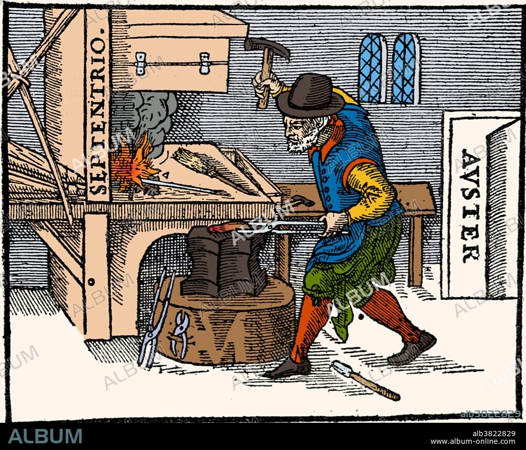 Blacksmith, taken from De Magnete (1600) , a treatise on magnetism by the English physician and scientist William Gilbert. The blacksmith depicted here is hammering a bar of hot iron as it cools down while lined up in the north-south direction (Auster is south; Septentrio is a term for north). Gilbert noticed that such a bar became weakly magnetized. This image has been color-enhanced.
