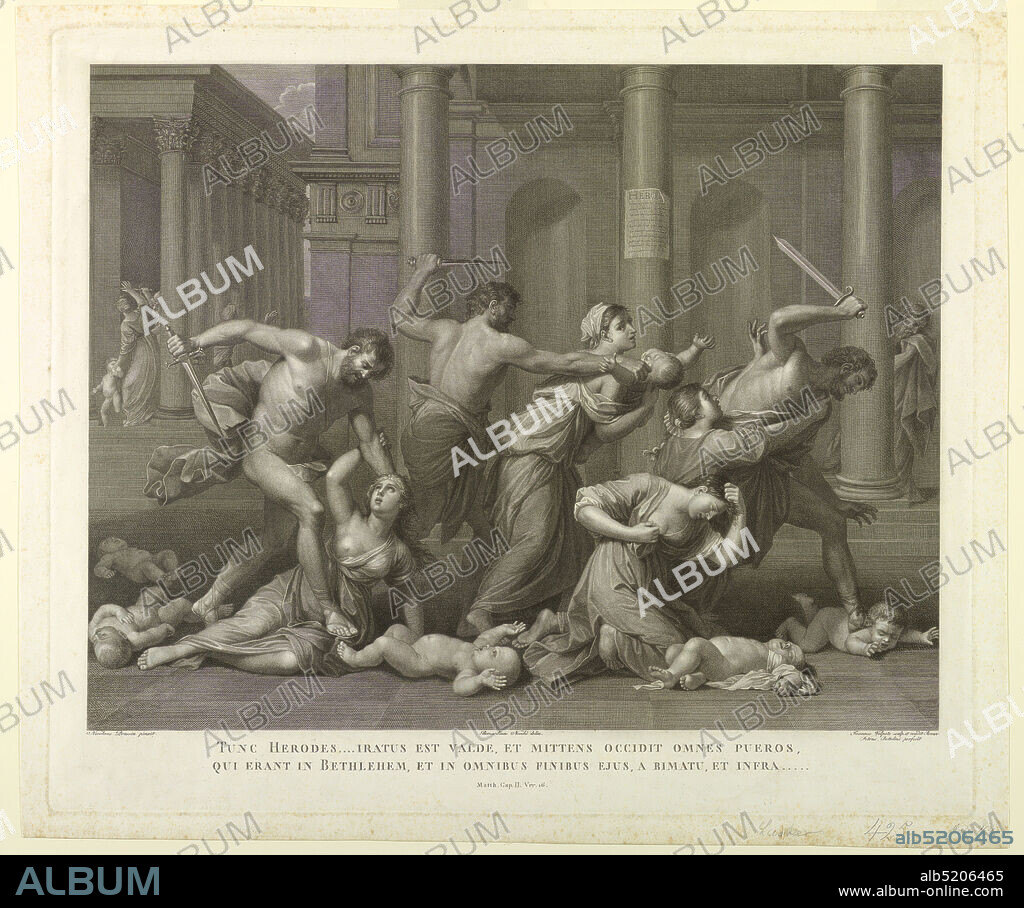 The Massacre of the Innocents, Giovanni Volpato, Italian, 1733 - 1803, Pietro Bettelini, Italian, 17631829, Nicolas Poussin, French, 15941665, Bernardo Nocchi, 1741 - 1812, Engraving on paper, In a city square, bordered by classical edifices, soldiers pursue and slay children., Roma, Italy, ca. 1780-1800, Print, Print.