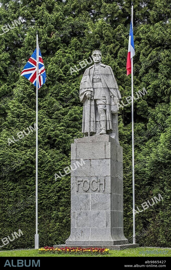 Statue of general Ferdinand Foch, Allied Generalissimo during the First World War, at the Glade of the Armistice, Clairière de l'Armistice, WWI memorial in the Forest of Compiègne, France, Europe.