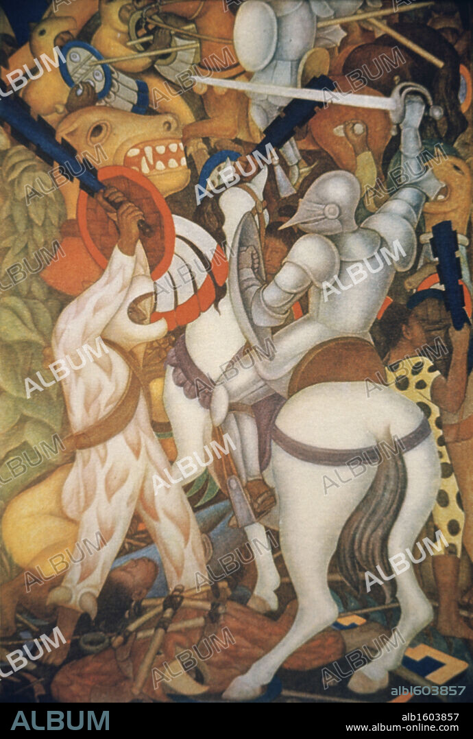 History of the State of Morelos: Spanish Conquest by Diego Rivera, Fresco, 1930, 1886-1957, Mexico, Cuernavaca, Cortez Palace.