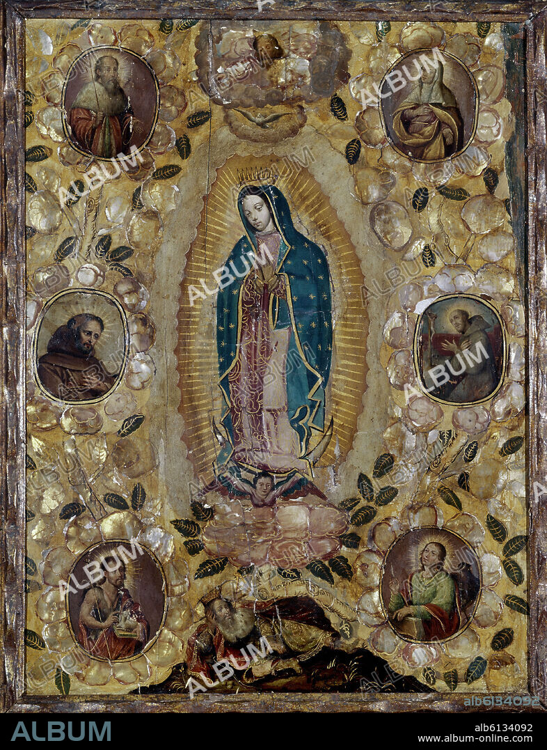 JUAN Y MIGUEL GONZALEZ PINTORES SIGLO XVII. VIRGEN DE GUADALUPE Y SANTOS - ENCONCHADO REALIZADO EN 1697.