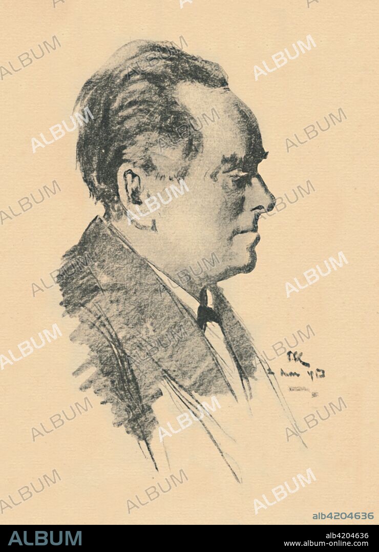 'Michael Balling', 1919. Portrait of Balling (1866-1925), German violist and principal conductor of The Hallé orchestra in Manchester. From Modern Woodcuts and Lithographs by British and French Artists, by Geoffrey Holme. [The Studio Ltd., London, Paris, New York, 1919].