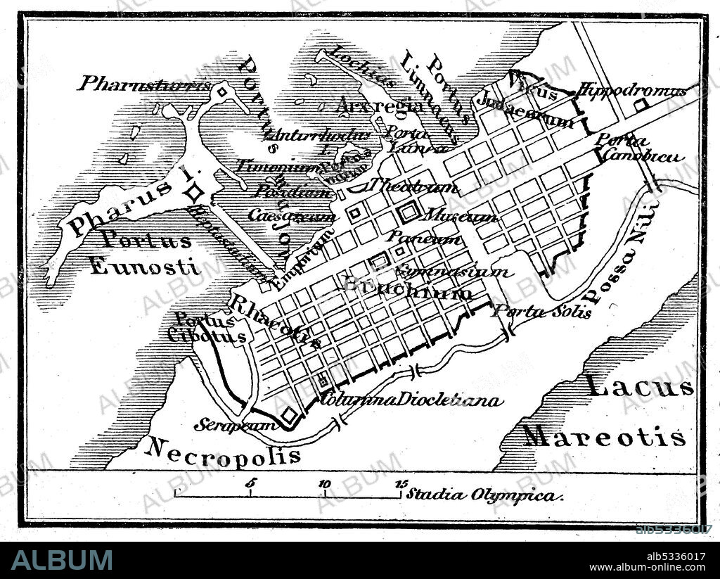 Map of Alexandria in Egypt in prehistoric times, illustration from 1880  /  Plan von Alexandria in Ägypten in der Vorzeit, Illustration aus 1880, Historisch, historical, digital improved reproduction of an original from the 19th century / digitale Reproduktion einer Originalvorlage aus dem 19. Jahrhundert,.