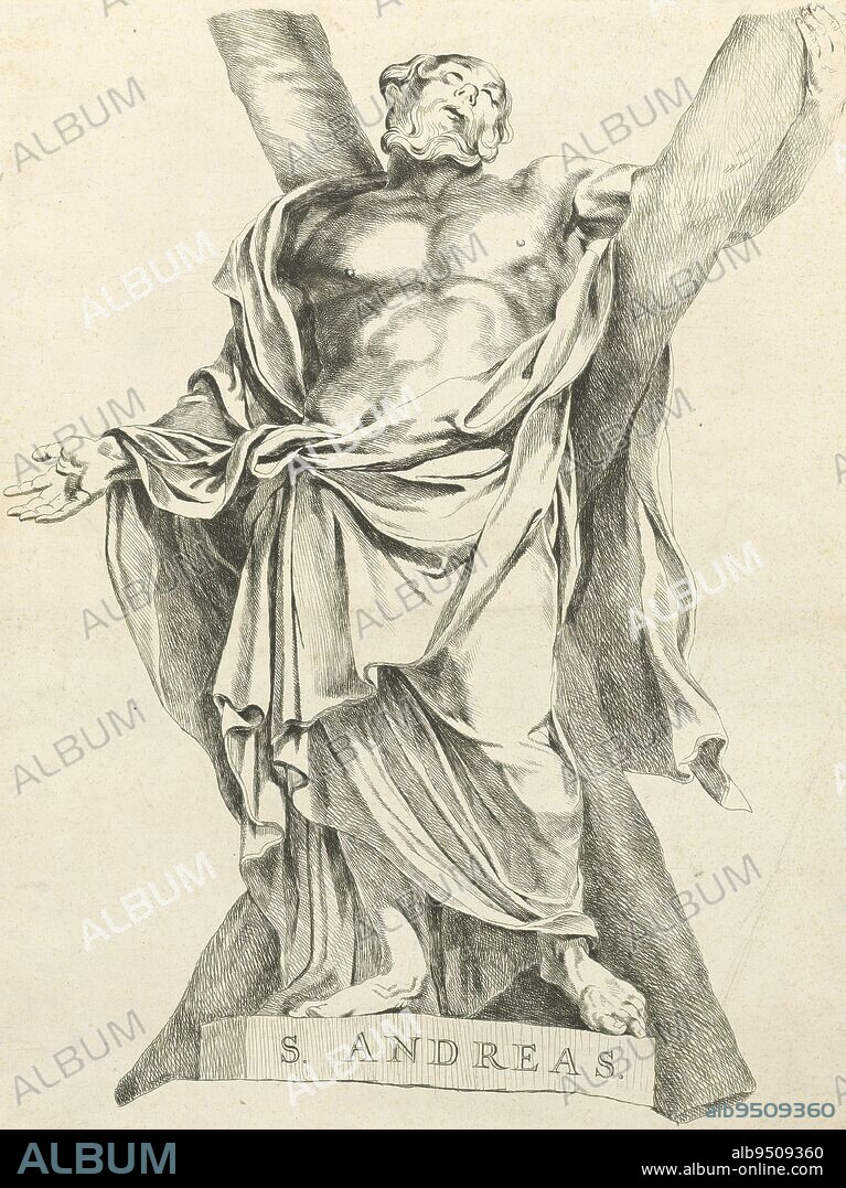 Saint Andrew, with x-shaped cross. After the statue of François Duquesnoy, Saint Andrew., print maker: Hendrick de Graauw, (mentioned on object), François Du Quesnoy, (mentioned on object), publisher: Hendrick de Graauw, (mentioned on object), c. 1637 - 1693, paper, etching, w 312 mm × h 413 mm.