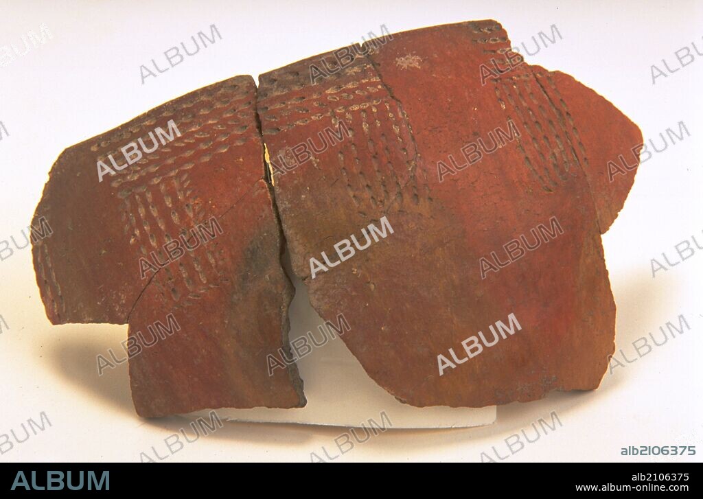 FRAGMENTO DE CERAMICA CON DECORACION DE ALMAGRA. BRONCE S.V a.C. (DEPOSITO: MUSEO ARQUEOLOGICO NACIONAL).
