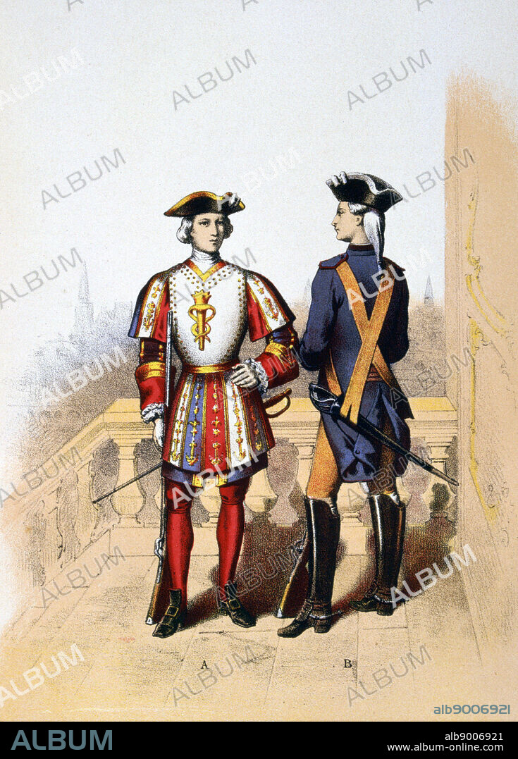 Member of the Guet Royal in 1700, right, and of the Provost Marshal's Guard of the Hotel du Roi, 1788 'Histoire des corps de troupes de la ville de Paris' , 1887. France, Uniform, Chromolithograph.