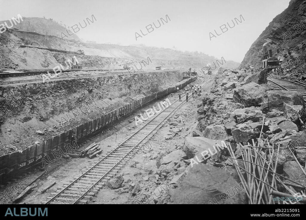 Twin Tracks Loaded with Earth Removed from Panama Canal Bed; Steam Shovels Operate to Load Rocks Blasted away to build the Thoroughfare.