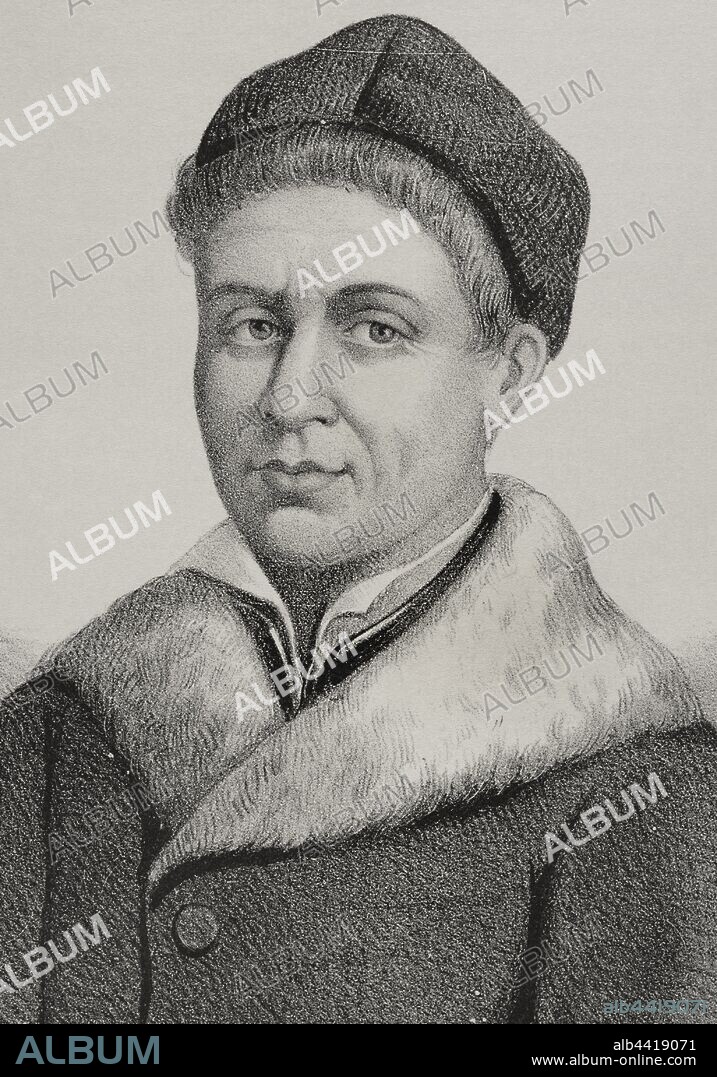 Felipe de Castro (1711-1775). Spanish sculptor. Portrait, detail. Illustration by Llanta. Lithography. Cronica General de Espa–a. Historia Ilustrada y Descriptiva de sus Provincias. Galicia, 1866.