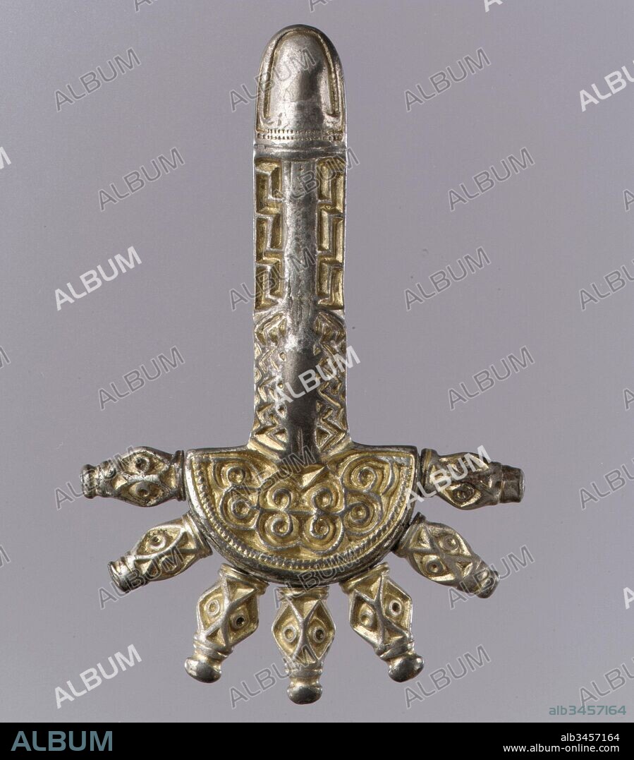 Bow Brooch, late 5th–early 6th century, Alemannic, Silver-gilt, Overall: 3 7/16 x 2 5/16 x 1/2 in. (8.8 x 5.8 x 1.2 cm), Metalwork-Silver, The bow brooch was a component of many Germanic women’s dress. In Frankish territory brooches were generally worn in pairs, as decorative elements on a strap hanging from the belt. The bow refers to the bend or curve that links two terminals.