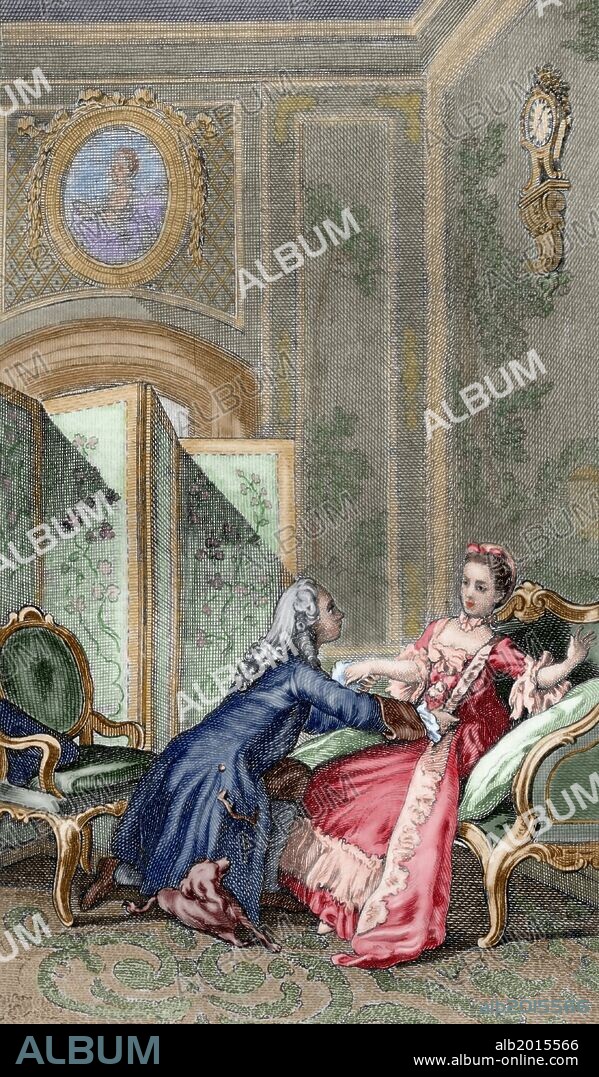 Jean Francois Marmontel (1723-1799). French writer and historian. Moral Tales. The Scruple. Edition printed in Liege, 1777. Colored engraving. Library of Catalonia. Barcelona. Spain.