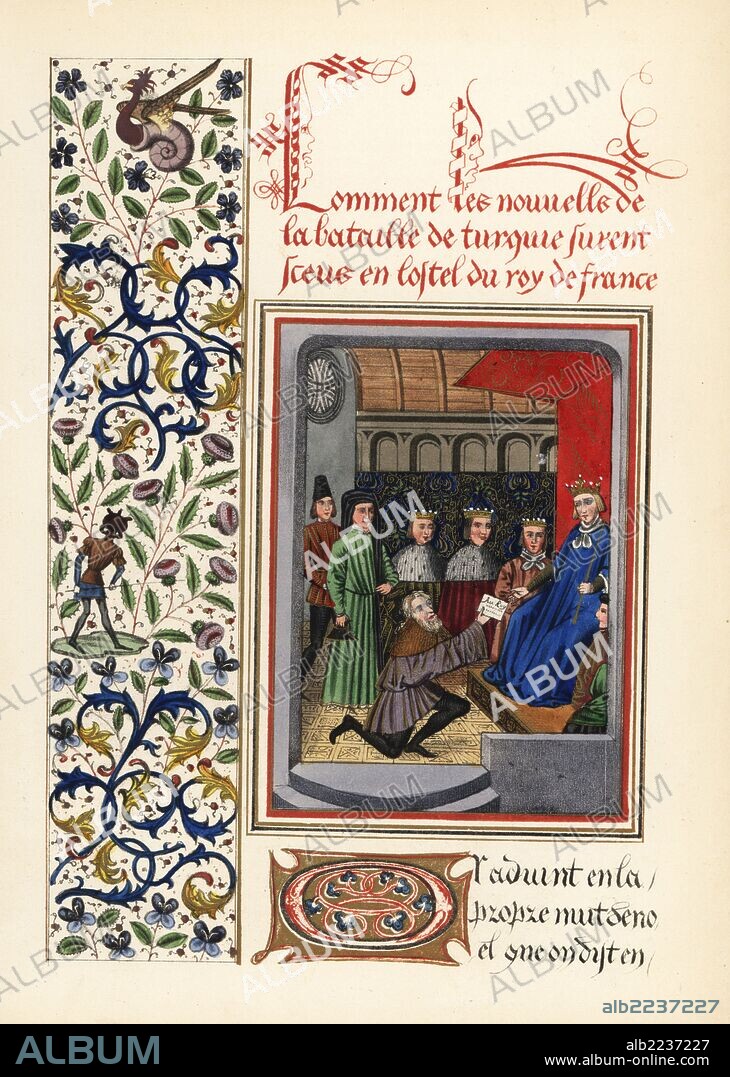 Jacques de Helly brings news of the terrible defeat at the Battle of Nicopolis and letters from the captured knights to King Charles VI of France, 1396. Sultan Bayezid demanded a ransom for his prisoners. Illuminated panel with bird in a snail shell and figure with an insect head. Handcoloured lithograph after an illuminated manuscript from Sir John Froissart's "Chronicles of England, France, Spain and the Adjoining Countries, from the Latter Part of the Reign of Edward II to the Coronation of Henry IV," George Routledge, London, 1868.