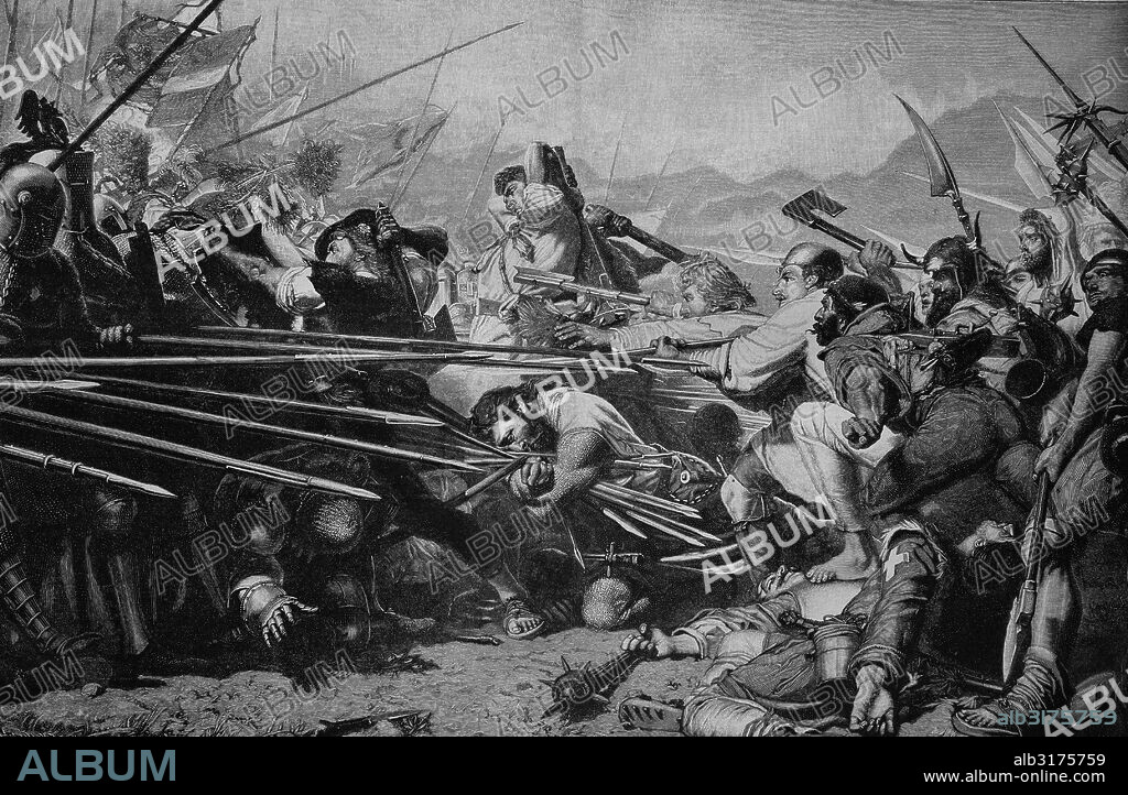 Arnold winkelried or arnold von winkelried, 1386, at the battle of sempach, switzerland, historical engraving, circa 1885.