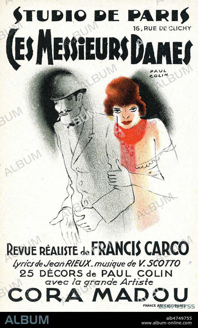 Carte programme de Ces Messieurs Dames, revue realiste de Francis CARCO, et Vincent SCOTTO, illustration et decors par Paul Colin (1891-1985 = ADAGP) , annees 20 . Credit Collection IM/KHARBINE TAPABOR.