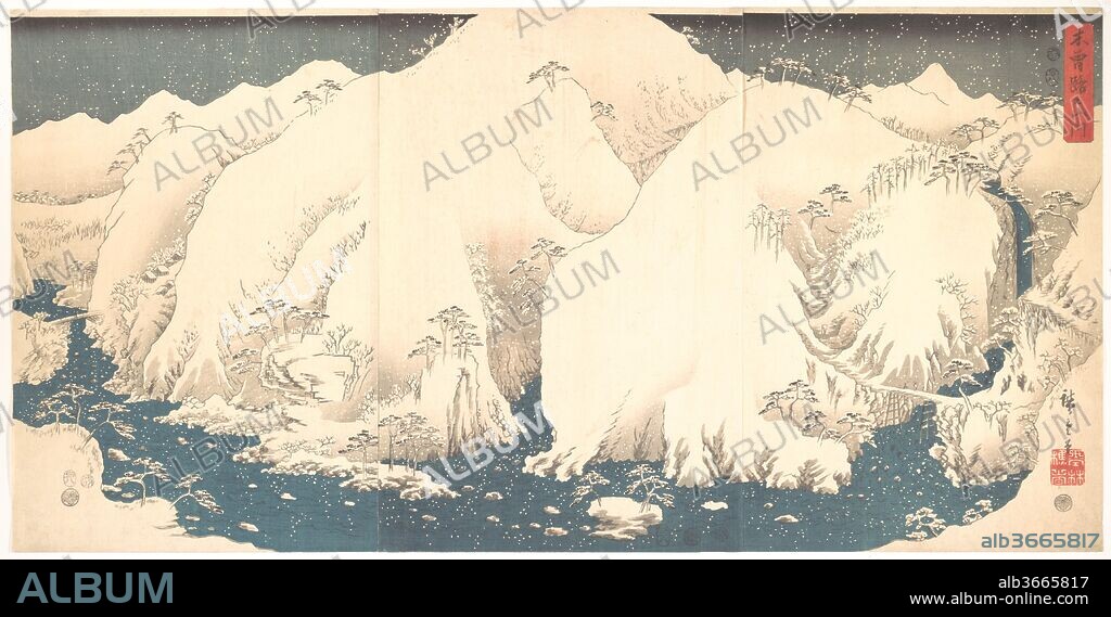 Kisoji no Sansen
Kiso Mountains in Snow. Artist: Utagawa Hiroshige (Japanese, Tokyo (Edo) 1797-1858 Tokyo (Edo)). Culture: Japan. Dimensions: A and B (each): 14 5/8 x 10 in. (37.8 x 25.7 cm)
C: 14 5/8 x 9 7/8 in. (37.8 x 25.1 cm). Date: 1857.