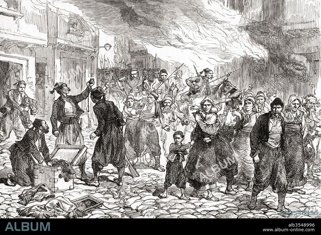 The massacre of Bulgarians in Batak, Bulgaria by Ottoman irregular troops in 1876 at the start of the April Uprising. From The Century Edition of Cassell's History of England, published c. 1900.