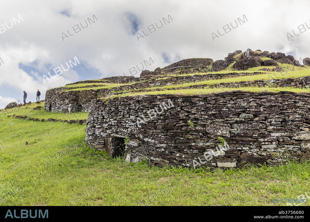 One of 53 stone masonry houses at Orongo, a stone village and Birdman ceremonial site at the southwestern tip of Easter Island, Rapa Nui National Park, UNESCO World Heritage Site, Easter Island (Isla de Pascua), Chile, South America.