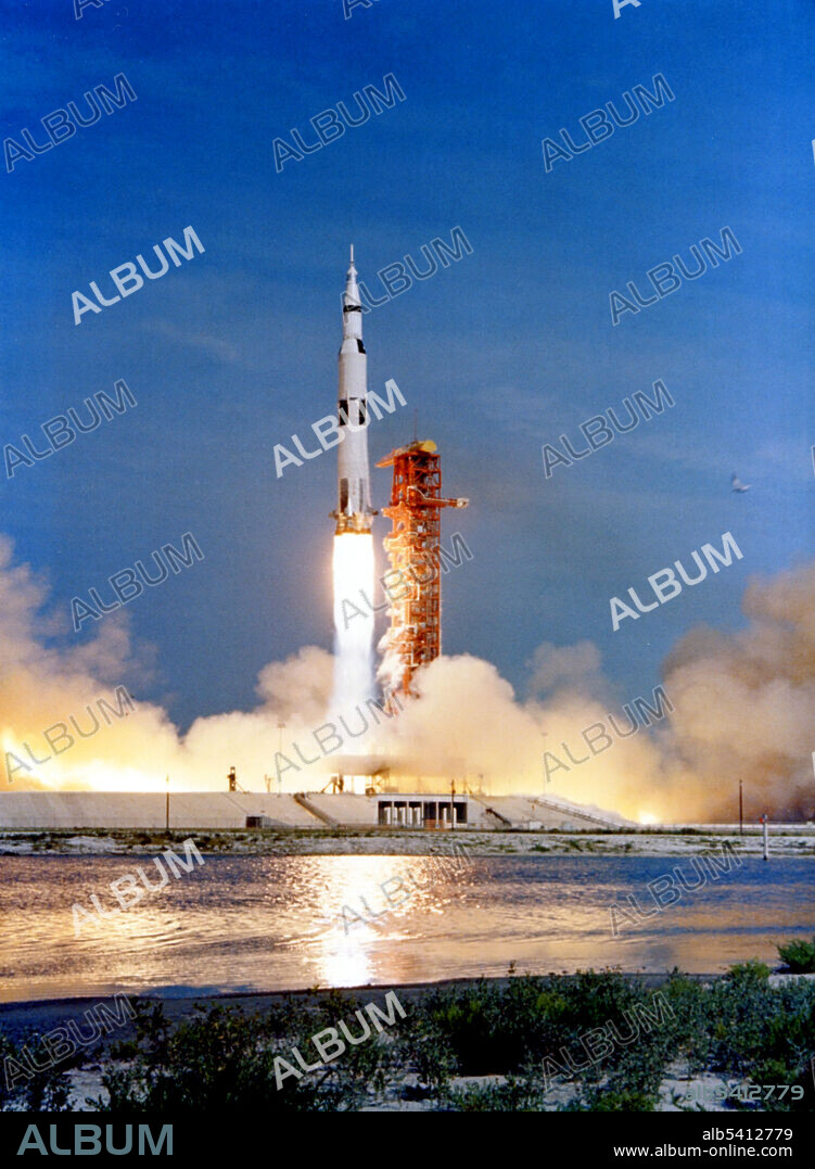 The Apollo 11 space vehicle rises from the launch pad. Apollo 11 was the spaceflight that landed the first two people on the Moon. Commander Neil Armstrong and lunar module pilot Buzz Aldrin landed the Apollo Lunar Module Eagle on July 20, 1969, at 20:17 UTC. Armstrong became the first person to step onto the lunar surface six hours later on July 21 at 02:56:15 UTC; Aldrin joined him 19 minutes later. They spent about two and a quarter hours together outside the spacecraft, and collected 47.5 pounds of lunar material to bring back to Earth. Command module pilot Michael Collins flew the command module Columbia alone in lunar orbit while they were on the Moon's surface. Armstrong and Aldrin spent 21.5 hours on the lunar surface before rejoining Columbia in lunar orbit.
