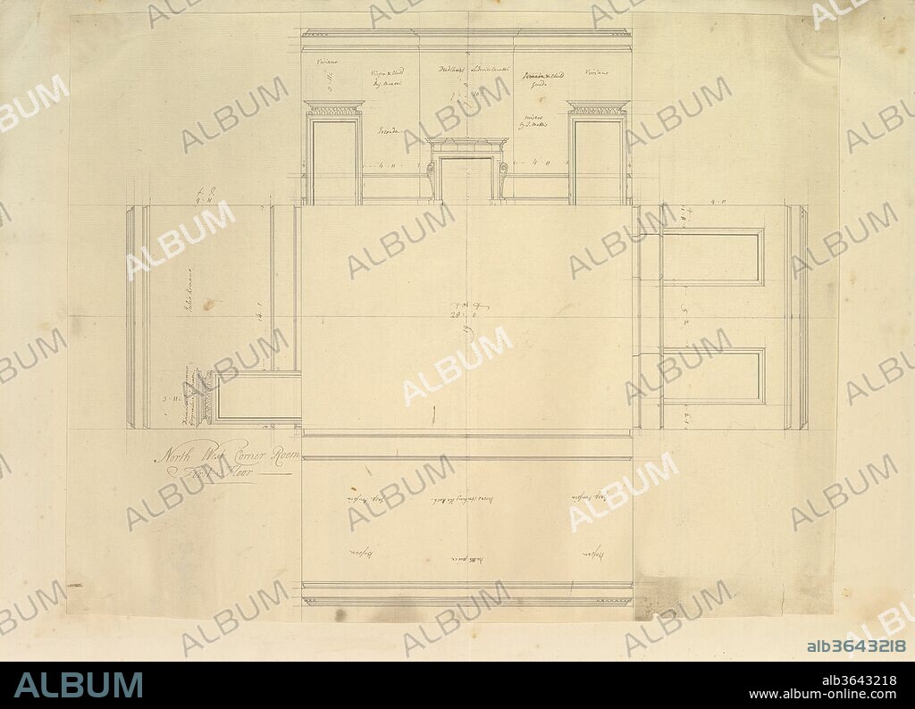 Treasury House, 10 Downing Street, London: Plan of the End Room Below (Northwest Corner Room, First Floor). Artist and architect: Isaac Ware (British, before 1704-1766 Hampstead); William Kent (British, Bridlington, Yorkshire ca. 1685-1748 London). Dimensions: sheet: 22 5/8 x 17 13/16 in. (57.5 x 45.3 cm). Date: ca. 1732-42.