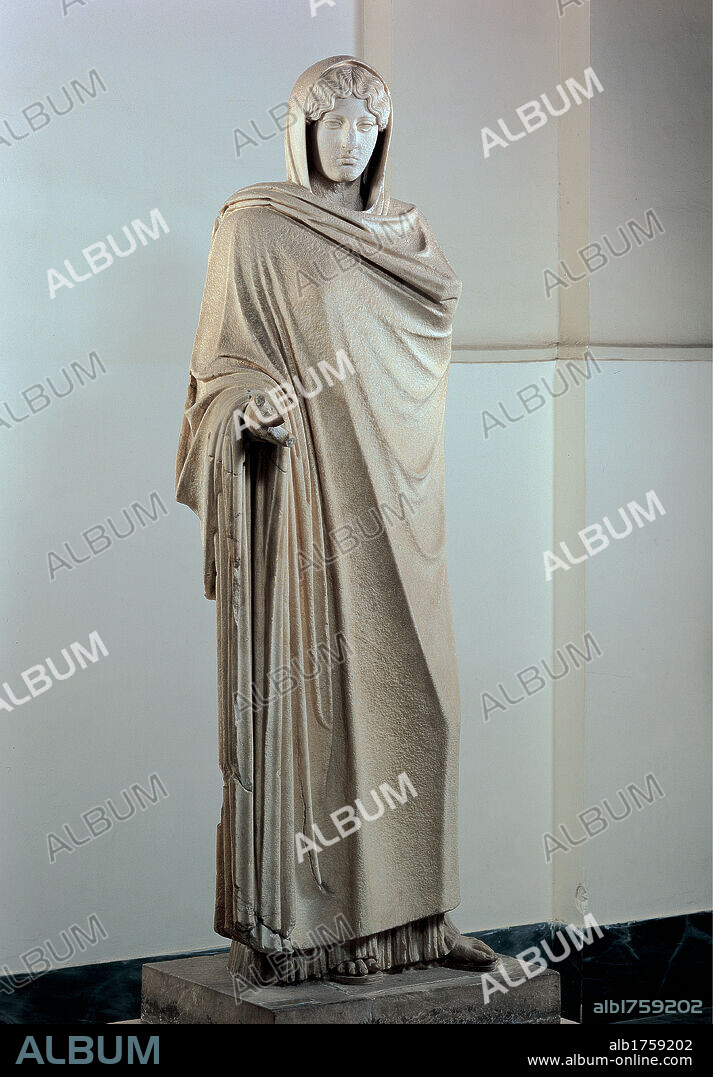 Aphrodite Sosandra, by Unknown artist, 2nd Century, white marble, full relief. Italy; Campania; Naples; National Archaeological Museum; . All. Statue goddess love Aphrodite Venus young woman mantle/cloak.