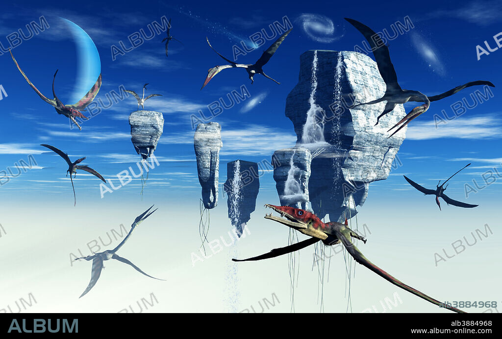 Prehistoric Eudimorphodon and Quetzalcoatlus pterosaurs flying amongst surreal skies.