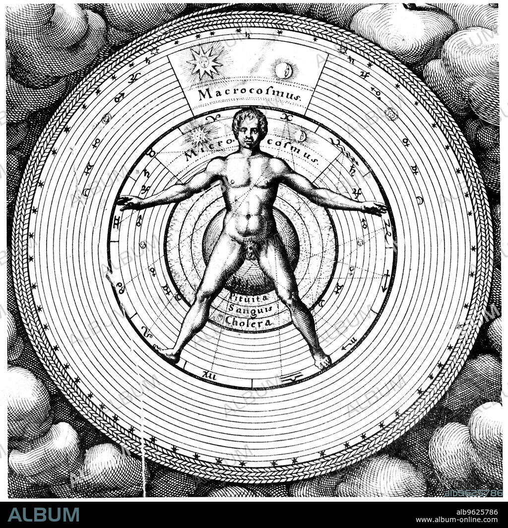 Diagram showing man's position in the universe, 1617-19. Relation of man (the microcosm), with the universe (the macrocosm), showing spheres of Sun, Moon and planets, the temperaments and hierarchy of supernatural beings. From Robert Fludd Utriusque Cosmi .. Historia, Oppenheim, 1617-19. Copperplate engraving.