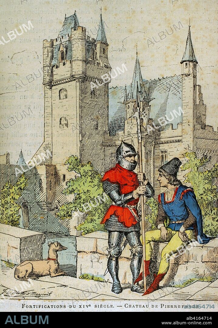 Edad Media. Arquitectura defensiva militar, siglo XIV. Castillo de Pierrefonds, construido en 1396. Ilustración a color de la "Armeé Française, Nos Soldats" (Ejército Francés, Nuestros Soldados). Autor, Eugene Hennebert (1826-1896). París, h. 1890. Biblioteca Histórico Militar de Barcelona, Cataluña, España.