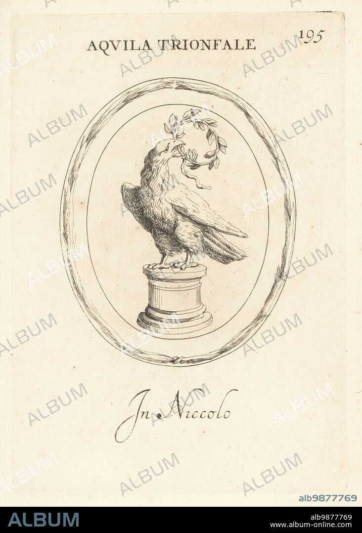 Triumphal eagle with a laurel wreath. A standard or signum of a Roman legion. In nicolo. Aquila Trionfale. In niccolo. Copperplate engraving by Giovanni Battista Galestruzzi after Leonardo Agostini from Gemmae et Sculpturae Antiquae Depicti ab Leonardo Augustino Senesi, Abraham Blooteling, Amsterdam, 1685.