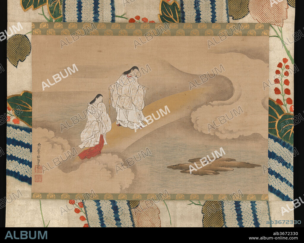 The God Izanagi and Goddess Izanami. Artist: Nishikawa Sukenobu (Japanese, 1671-1750). Culture: Japan. Dimensions: Image: 15 1/16 × 22 7/16 in. (38.3 × 57 cm)
Overall with mounting: 49 13/16 × 27 5/16 in. (126.5 × 69.4 cm)
Overall with knobs: 49 13/16 × 29 7/16 in. (126.5 × 74.7 cm). Date: 18th century.