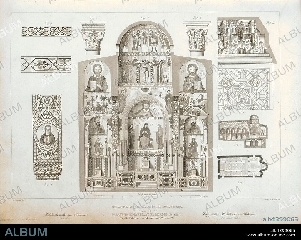 Palatine Chapel, Palermo. Details. Pl. 1, Cappella Palatina in the Palazzo dei Normanni in Palermo with cross section and floor plan, signed: E. Travers del, Bury et Ribaut sc, Pl., 17, Travers, E.(del.); Bury, Jean Baptiste Marie (sc.); Ribaut (sc.), 1853, Jules Gailhabaud: Monuments anciens et modernes: collection formant une histoire de l'architecture des différents peuples à toutes les époques. Paris: Librairie de Firmin Didot frères, 1853.