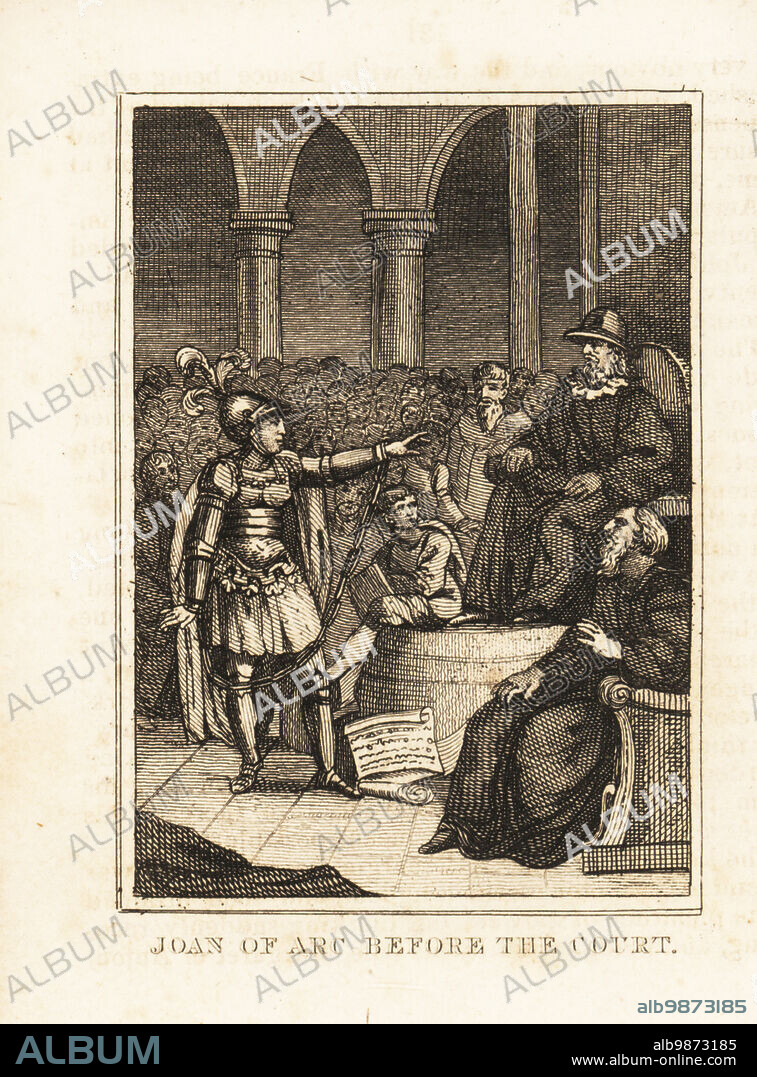 Joan of Arc on trial for heresy at Rouen, 1431. The Maid of Orleans shackled, in a suit of armour and helmet points at the judges. Joan of Arc before the court. Copperplate engraving from M. A. Jones History of England from Julius Caesar to George IV, G. Virtue, 26 Ivy Lane, London, 1836.
